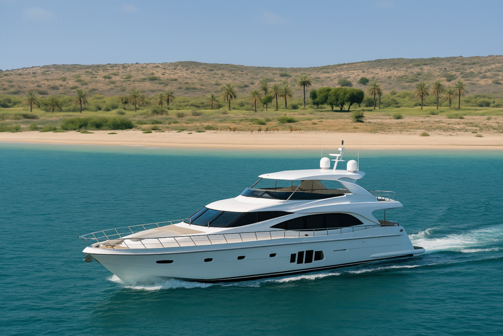 Yacht sailing near Delma Island's rugged sandy coastline during sunset with hilly terrain in the backdrop.