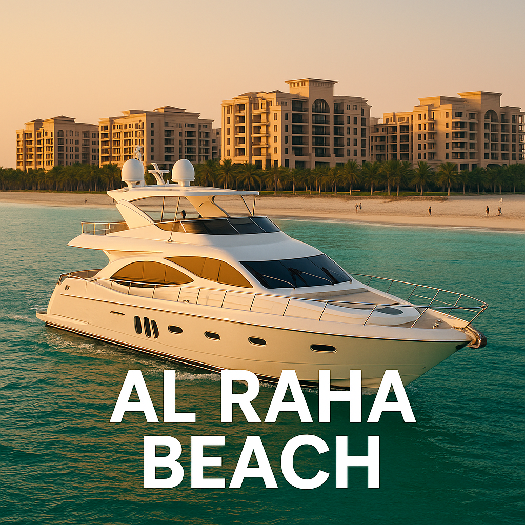 Luxury yacht cruising along Al Raha Beach with beachfront towers and palm-lined shores in Abu Dhabi.