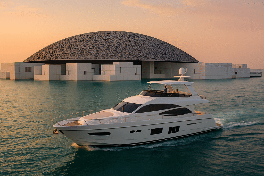 Yacht cruising past Yas Marina with the iconic Yas Island skyline in Abu Dhabi during golden hour.