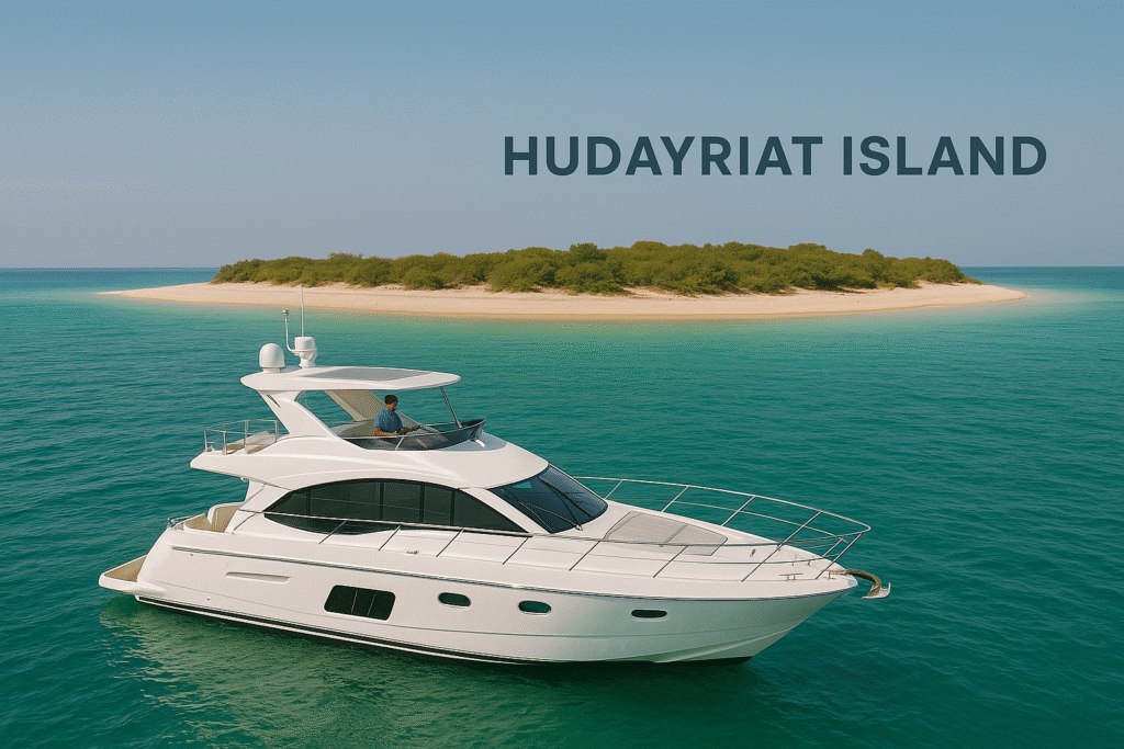 White yacht anchored near Hudayriat Island with jet ski and paddleboarders under Hudayriat Bridge in calm turquoise water.