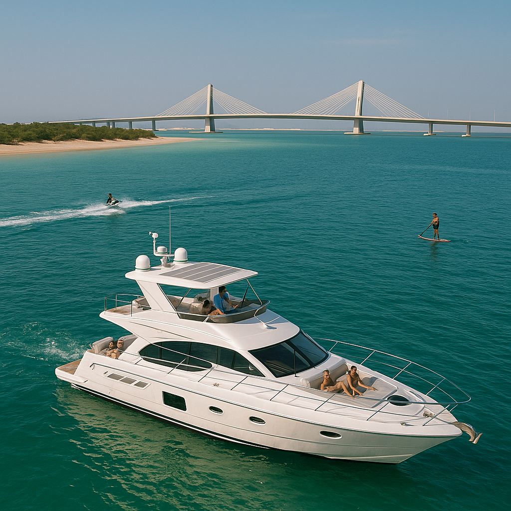Elegant yacht anchored near Zaya Nurai Island with turquoise waters, luxury villas, and white sand beaches.