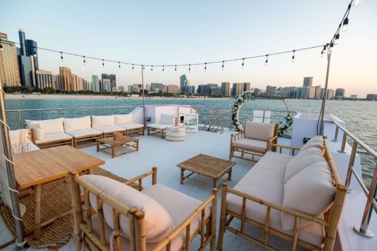 Corniche Yacht Rental Abu Dhabi 52 Modern rooftop yacht with lounge seating in Abu Dhabi