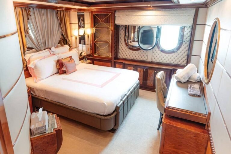 Corporate Yacht Events Abu Dhabi 119 Premium guest cabin on Luxx Beauty 181ft superyacht with stylish décor and luxurious amenities.