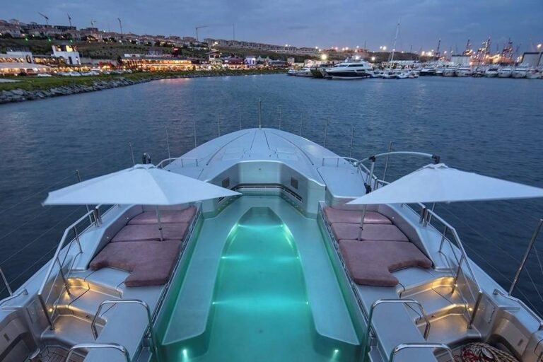 Formal dining setup on Luxx Allure yacht at Yas Marina, perfect for F1 VIP guests and corporate events.