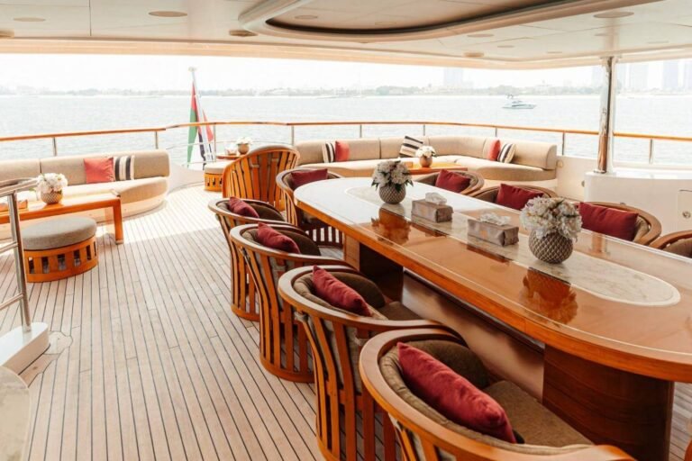 Corporate Yacht Events Abu Dhabi 124 Group of guests watching Formula 1 cars race by from Luxx Beauty’s trackside berth at Yas Marina.