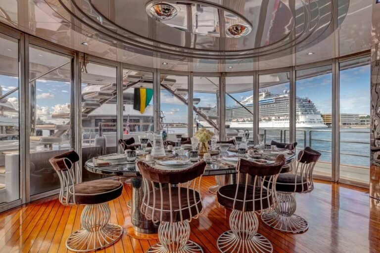 Guests watching Abu Dhabi F1 race from the deck of Luxx Allure 164ft yacht with prime marina location.