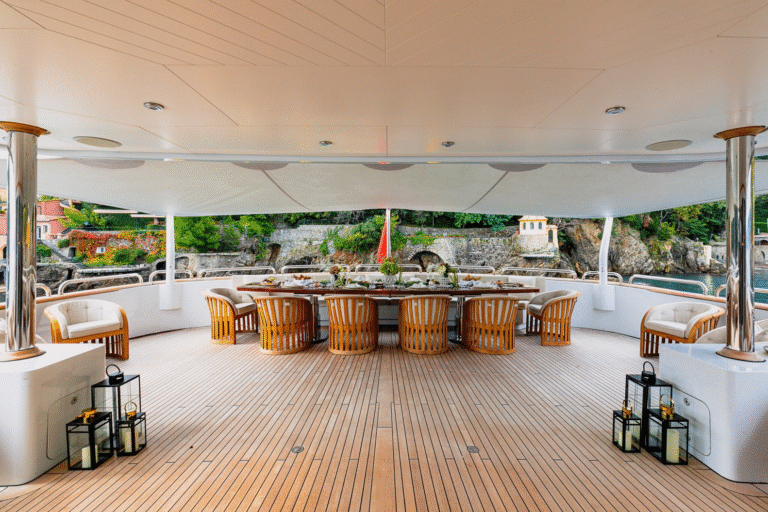 Corporate Yacht Events Abu Dhabi 137 Luxurious indoor saloon of Luxx Prestige superyacht with modern furnishings for Abu Dhabi F1 yacht charter.