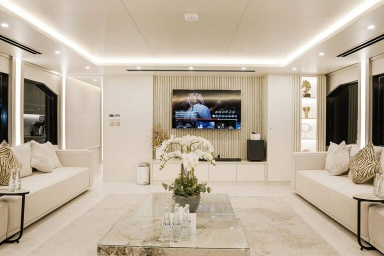 65ft event yacht anchored in abu dhabi with catering setup