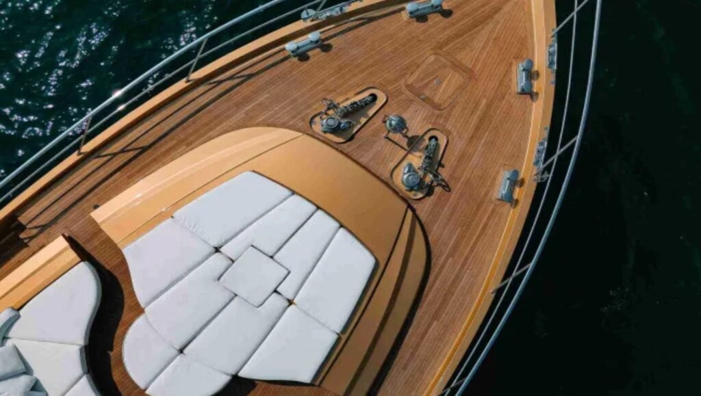 Yacht rental Abu Dhabi | Rent a Yacht Abu Dhabi 156 Spacious deck of AK Royalty 136 yacht with seating for Formula One Abu Dhabi guests