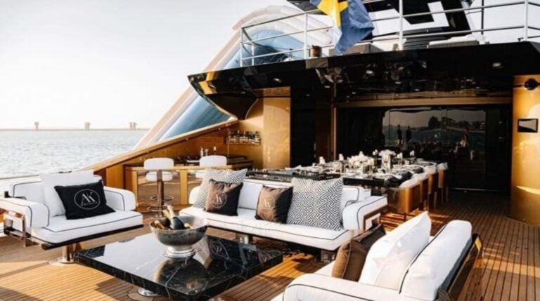 Corporate Yacht Events Abu Dhabi 153 Luxury air-conditioned lounge inside AK Royalty 136 Formula One yacht rental Abu Dhabi