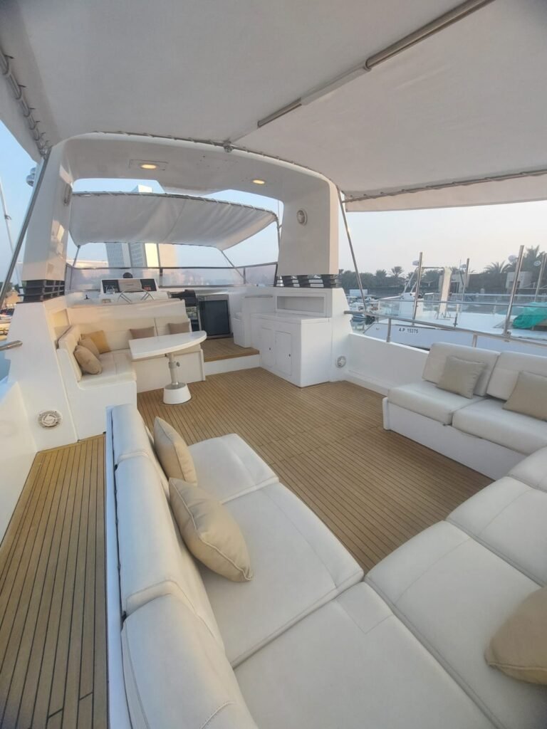 Yacht rental Abu Dhabi | Rent a Yacht Abu Dhabi 77 88-foot Raya yacht at Abu Dhabi marina with modern flybridge, ideal for luxury private charters.