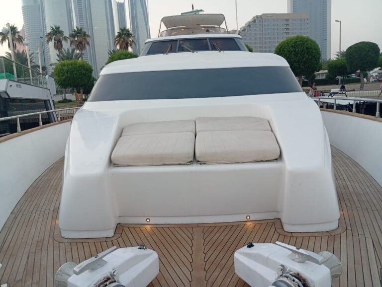 Corniche Yacht Rental Abu Dhabi 78 Premium Raya 88 yacht available for luxury yacht charter Abu Dhabi, shown docked beside waterfront